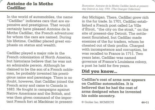 1994-01 Grolier Story of America Cards #44.11 Antoine de la Mothe Cadillac Back
