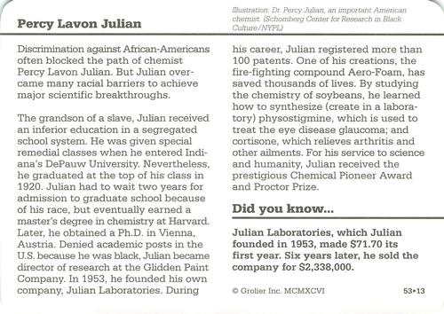 1994-01 Grolier Story of America Cards #53.13 Percy Lavon Julian Back