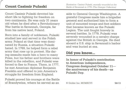 1994-01 Grolier Story of America Cards #54.11 Count Casimir Pulaski Back