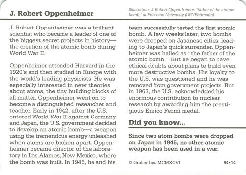 1994-01 Grolier Story of America Cards #54.14 J. Robert Oppenheimer Back