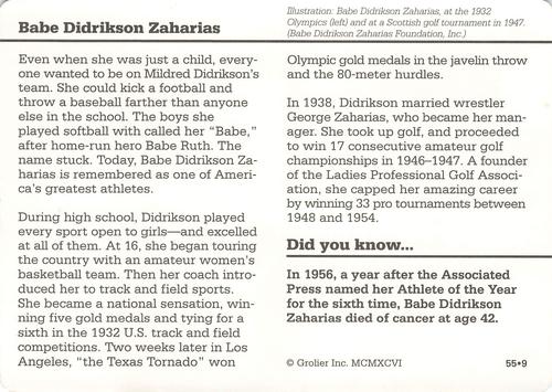 1994-01 Grolier Story of America Cards #55.9b Babe Didrikson Zaharias Back