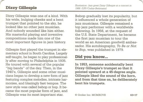 1994-01 Grolier Story of America #63.17 Dizzy Gillespie Back