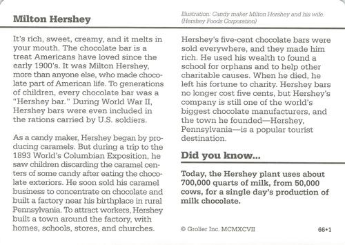 1994-01 Grolier Story of America Cards #66.1 Milton Hershey Back
