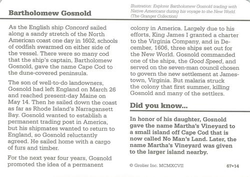 1994-01 Grolier Story of America #67.14 Bartholomew Gosnold Back