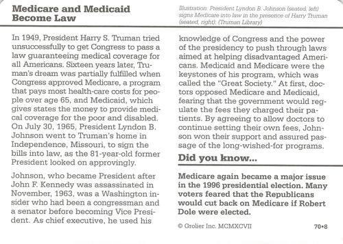1994-01 Grolier Story of America #70.8 Medicare and Medicaid Become Law Back