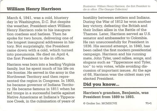 1994-01 Grolier Story of America Cards #71.1 William Henry Harrison Back