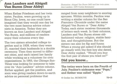 1994-01 Grolier Story of America #72.10 Ann Landers and Abigail Van Buren (Dear Abby) Back