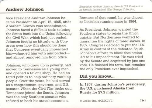 1994-01 Grolier Story of America Cards #73.1 Andrew Johnson Back