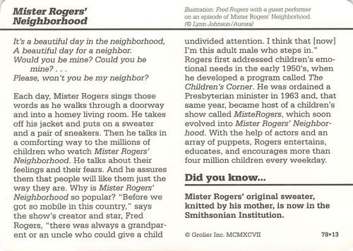 1994-01 Grolier Story of America Cards #78.13 Mister Rogers' Neighborhood Back