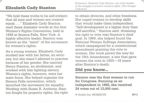 1994-01 Grolier Story of America Cards #87.1 Elizabeth Cady Stanton Back