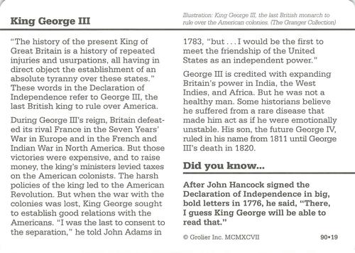 1994-01 Grolier Story of America #90.19 King George III Back