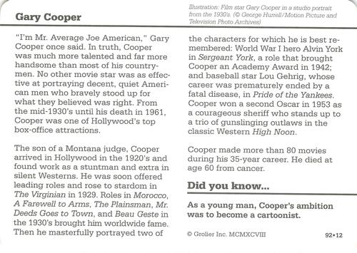 1994-01 Grolier Story of America #92.12 Gary Cooper Back