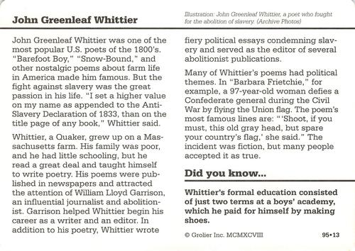 1994-01 Grolier Story of America #95.13 John Greenleaf Whittier Back