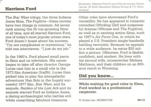 1994-01 Grolier Story of America #98.13 Harrison Ford Back