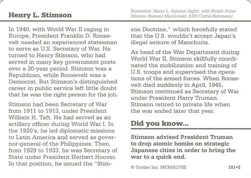 1994-01 Grolier Story of America Cards #101.2 Henry L. Stimson Back