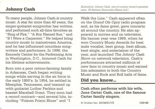 1994-01 Grolier Story of America Cards #116.20 Johnny Cash Back