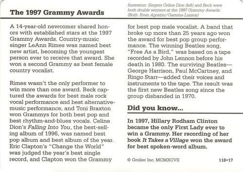 1994-01 Grolier Story of America Cards #118.17 The 1997 Grammy Awards Back