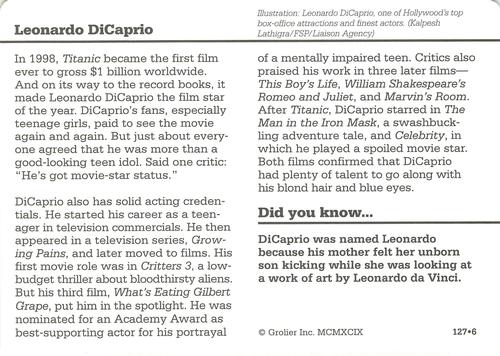 1994-01 Grolier Story of America Cards #127.6 Leonardo DiCaprio Back