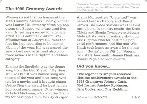 1994-01 Grolier Story of America Cards #129.13 The 1999 Grammy Awards Back