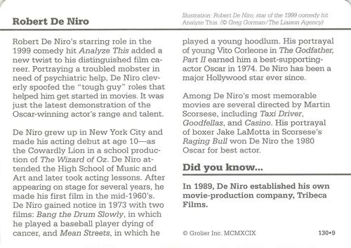 1994-01 Grolier Story of America Cards #130.9 Robert De Niro Back