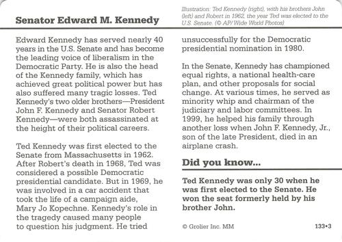 1994-01 Grolier Story of America Cards #133.3 Senator Edward M. Kennedy Back