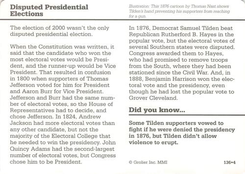 1994-01 Grolier Story of America #136.4 Disputed Presidential Elections Back