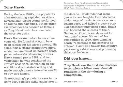 1994-01 Grolier Story of America Cards #138.18 Tony Hawk Back