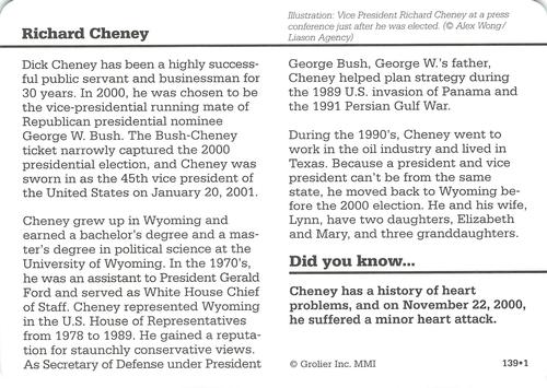 1994-01 Grolier Story of America Cards #139.1 Richard Cheney Back