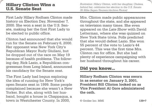 1994-01 Grolier Story of America Cards #139.7 Hillary Clinton wins a U.S. Senate Seat Back