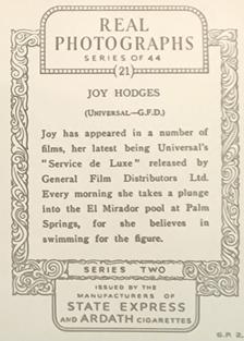 1937 Ardath Real Photographs (Series 2) #21 Joy Hodges Back