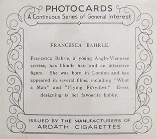 1939 Ardath Photocards - Group M (Large) #NNO Francesca Bahrle Back