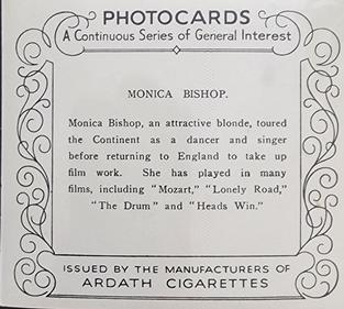 1939 Ardath Photocards - Group M (Large) #NNO Monica Bishop Back