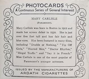1939 Ardath Photocards - Group M (Large) #NNO Mary Carlisle Back