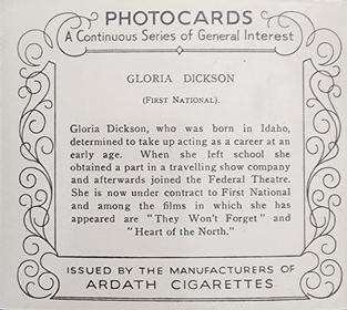 1939 Ardath Photocards - Group M (Large) #NNO Gloria Dickson Back
