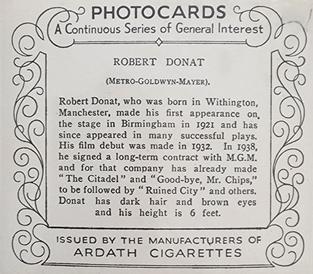 1939 Ardath Photocards - Group M (Large) #NNO Robert Donat Back