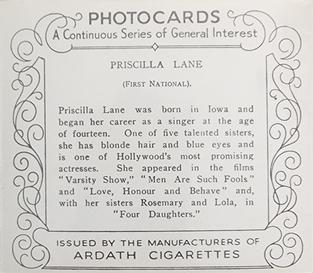 1939 Ardath Photocards - Group M (Large) #NNO Priscilla Lane Back