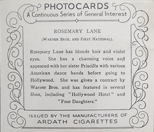 1939 Ardath Photocards - Group M (Large) #NNO Rosemary Lane Back