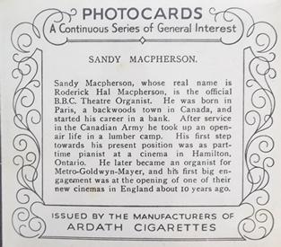 1939 Ardath Photocards - Group M (Large) #NNO Sandy MacPherson Back
