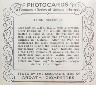 1939 Ardath Photocards - Group M (Large) #NNO Lord Nuffield Back