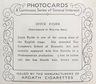 1939 Ardath Photocards - Group M (Large) #NNO Joyce Ryder Back