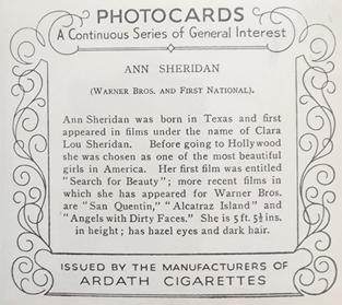 1939 Ardath Photocards - Group M (Large) #NNO Ann Sheridan Back