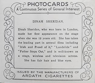 1939 Ardath Photocards - Group M (Large) #NNO Dinah Sheridan Back