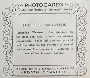 1939 Ardath Photocards - Group M (Large) #NNO Jacqueline Wentworth Back
