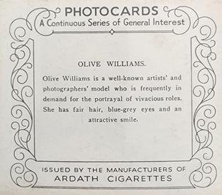 1939 Ardath Photocards - Group M (Large) #NNO Olive Williams Back