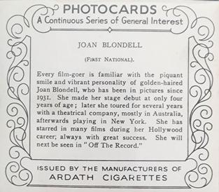 1939 Ardath Photocards - Series N #NNO Joan Blondell Back