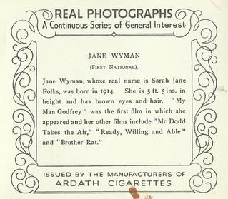 1939 Ardath Photocards - Series O #NNO Jane Wyman Back