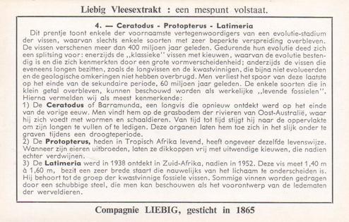 1959 Liebig Dieren uit Voorhistorische Tijden (Living Prehistoric Animals) (Dutch Text) (F1701, S1705) #4 Ceratodus - Protopterus - Latimeria Back