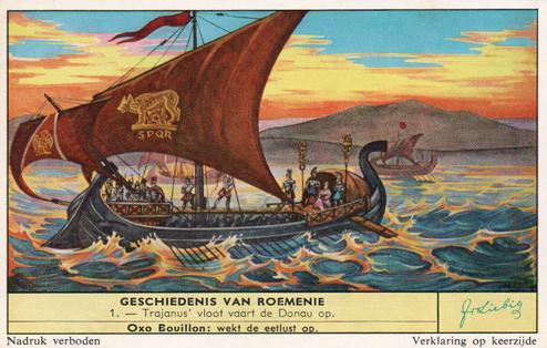 1960 Liebig Geschiedenis van Roemenie (History of Romania) (Dutch Text) (F1731, S1745) #1 Trajanus' vloot vaart de Donau op Front