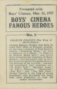 1922 Boys' Cinema Famous Heroes #2 Charlie Chaplin Back
