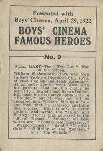 1922 Boys' Cinema Famous Heroes #9 William S. Hart Back